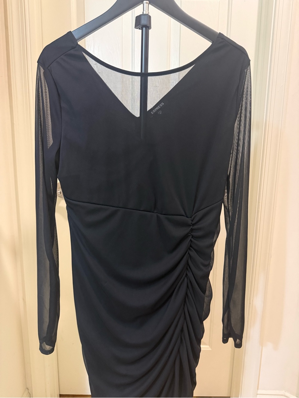 Express Black Long Sleeve Mesh Sleeve Ruched Side Dress